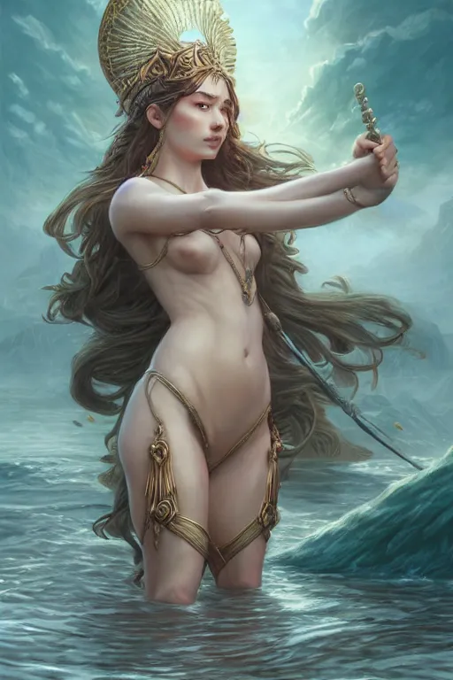 Image similar to goddess of lake, highly detailed, d & d, fantasy, highly detailed, digital painting, trending on artstation, concept art, sharp focus, illustration, art by artgerm and greg rutkowski and fuji choko and viktoria gavrilenko and hoang lap