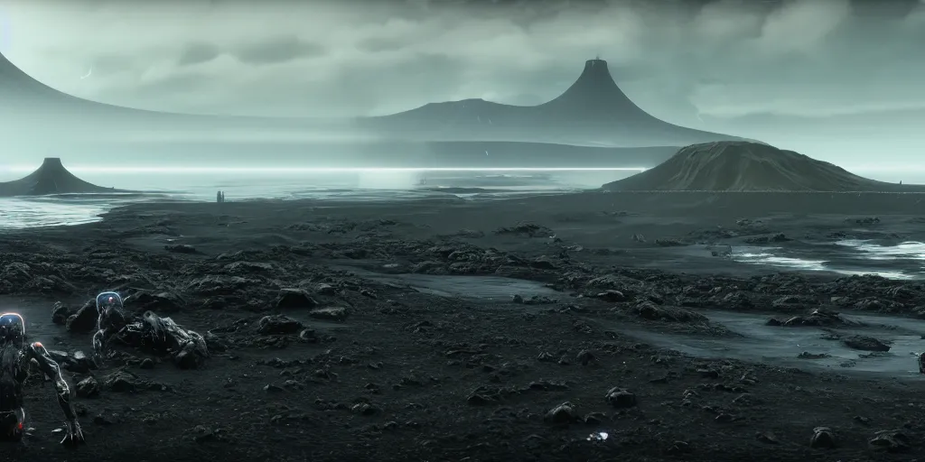 Image similar to deathstranding landscape, iceland landscape, ultra realistic, art by hideo kojima, artstation, concept art, decima engine