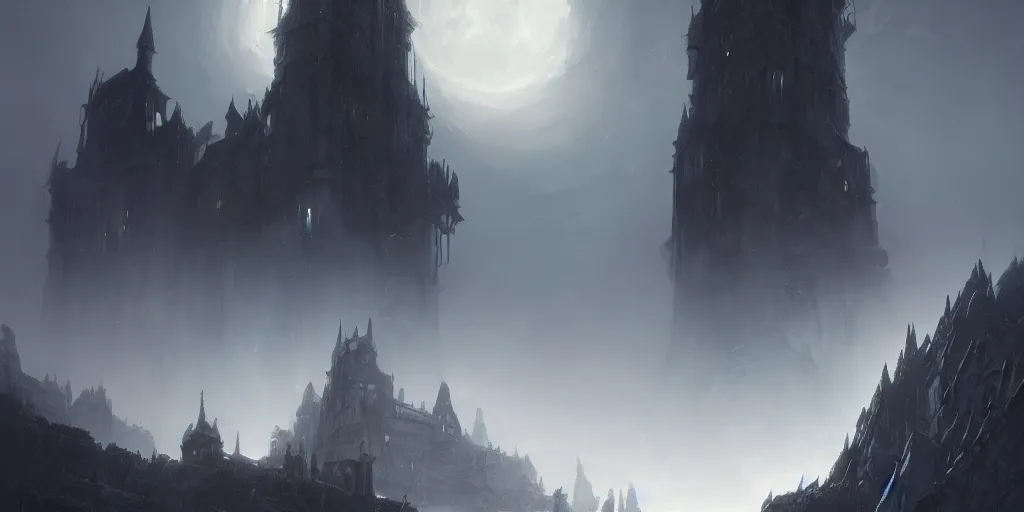 Image similar to black majestic fantasy fortress under a pale moon engulfed in arcane fog trails in the style of marcin rubinkowski, greg rutkowski, lorenzo lanfranconi, oleg zherebin, trending on artstation, ultra wide angle