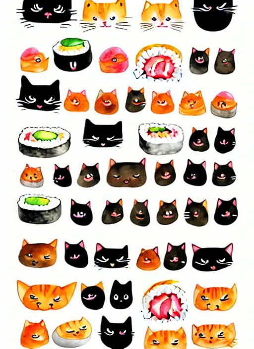 Image similar to cute cats and sushi watercolour illustrations sheet