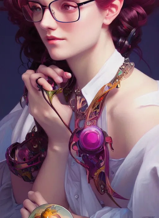 Prompt: portrait of an egirl, colorful, elegant, highly detailed, geek, glasses, digital painting, artstation, concept art, smooth, sharp focus, illustration, art by artgerm and greg rutkowski and alphonse mucha