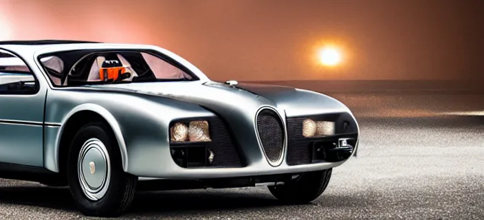 Image similar to a single bugatti type 5 7 sc atlantic and delorean hybrid, dslr, volumetric lighting