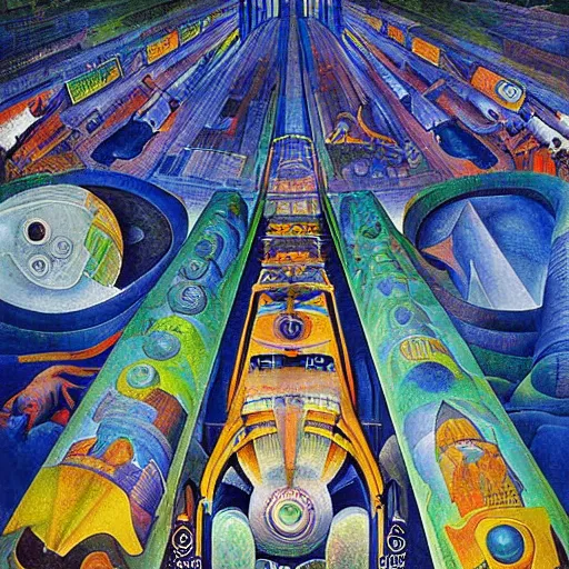 Prompt: Journey through space and time, vivid colors, rays of multicolor light, by Diego Rivera