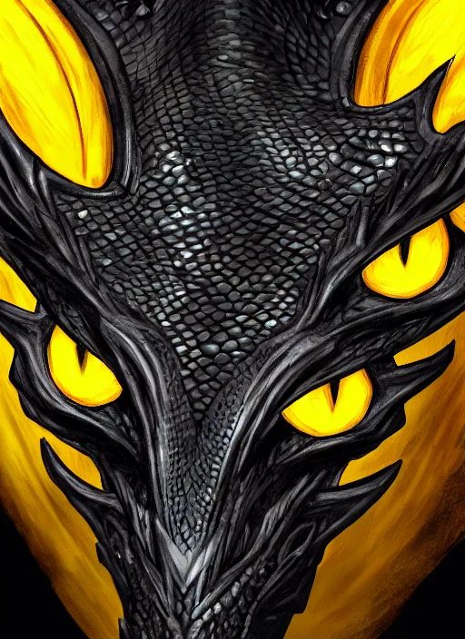 Image similar to closeup portrait of black dragon head with yellow eyes, ultra realistic, fantasy, magic, dnd,