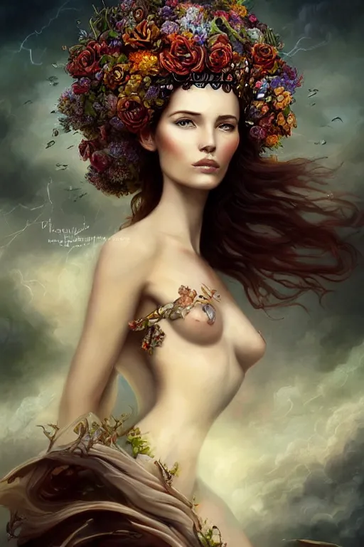 Image similar to portrait matte fine art of the beauty goddess catriona balfe, she has a crown of stunning flowers and gemstones, background full of stormy clouds, by peter mohrbacher