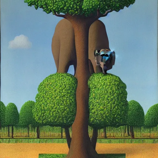 Prompt: tree elephant hybrid, the metaphor for life, by rene magritte