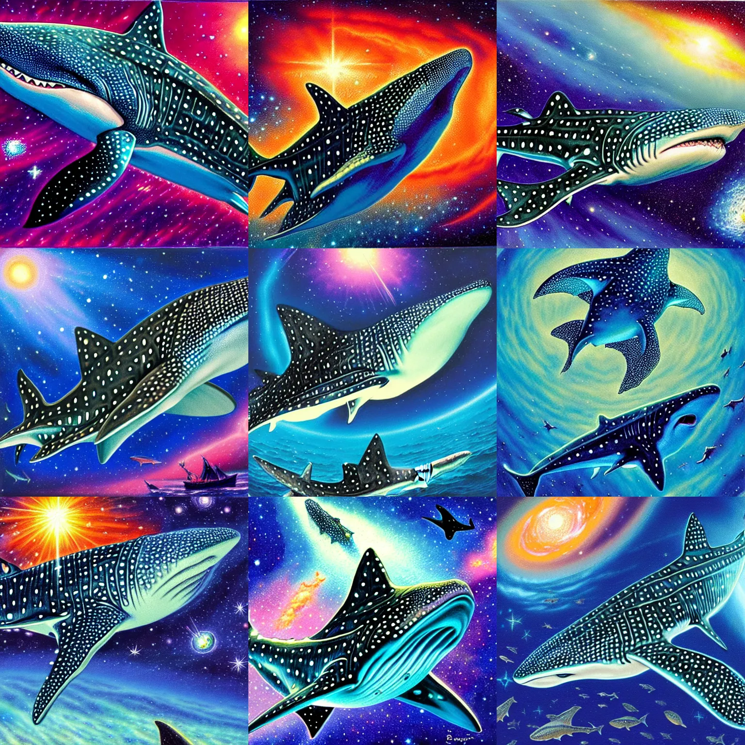 Image similar to finely detailed gouache painting of a whale shark, swirling luminous nebula background, bob eggleton, ultra detailed, gouache illustration of whale - shark foreground, colorful nebula background, mike ploog, sharp focus