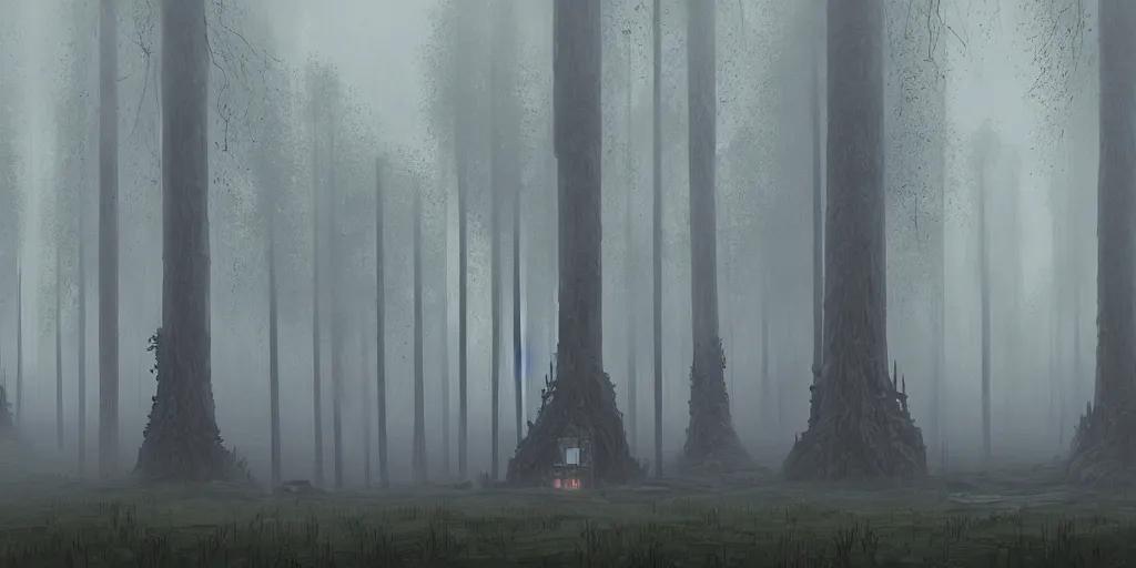 Prompt: Monumental old ruins tower of a dark misty forest, overcast, sci-fi digital painting by Simon Stålenhag,