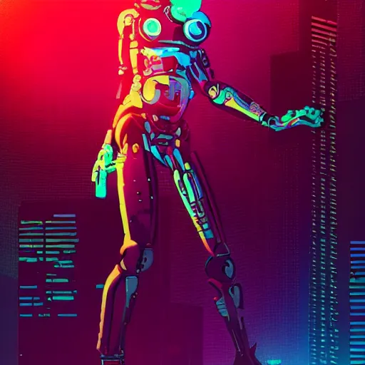 Image similar to a highly detailed full body portrait of a cyborg ninja by ilya kuvshinov in synthwave style with a cyberpunk colorful background with brokeh effect