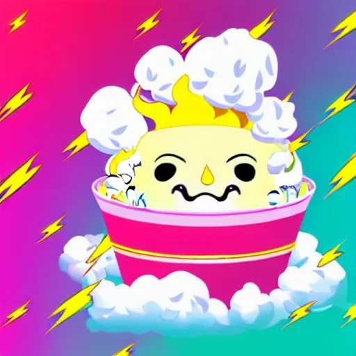 Image similar to kawaii wacky fluffy popcorn with lightning bolt power, yokai, in the style of a manga character, with a smiling face and flames for hair, sitting on a lotus flower, white background, simple, clean composition, symmetrical