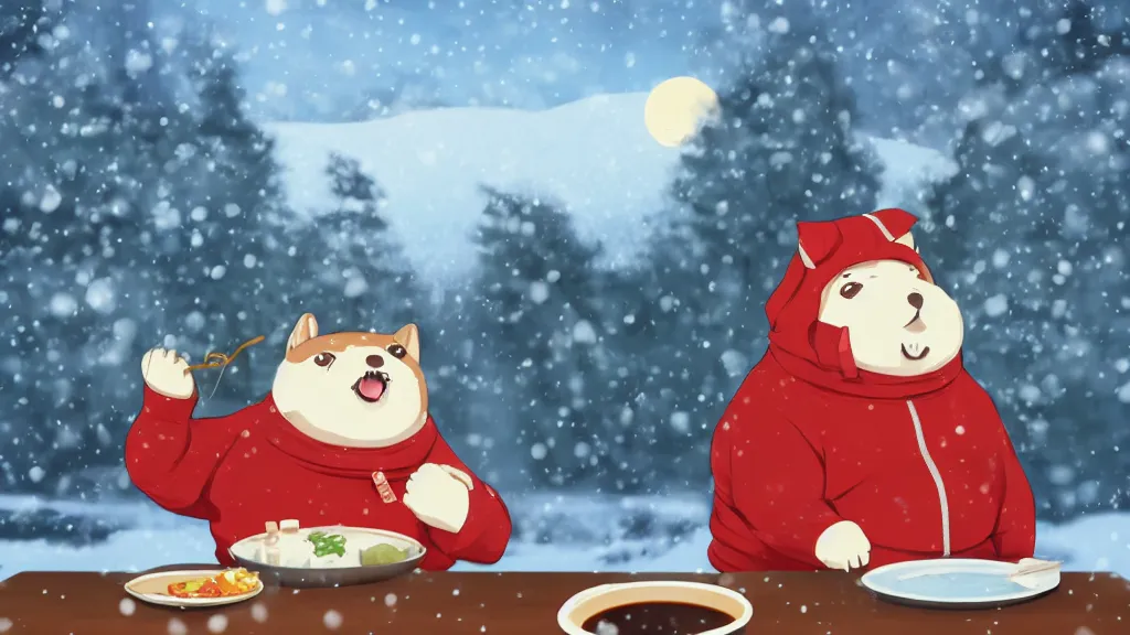 Image similar to cute fat anthropomorphic dog boy eating ramen in a red turtleneck sweater in a cottage on a cold winter day, detailed, 4K, trending on pixiv