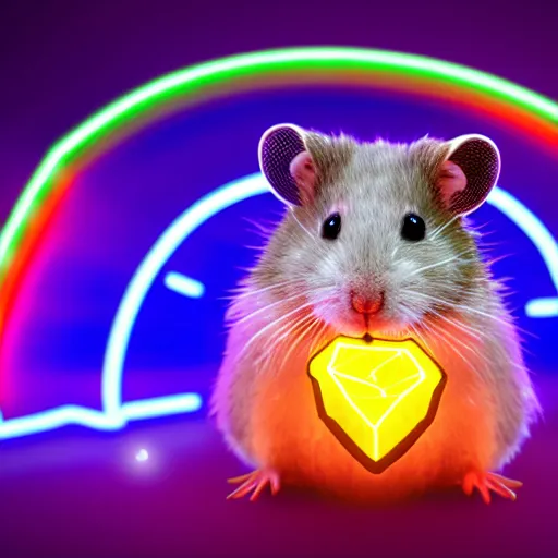 Image similar to cyberpunk hamster made of glowing neon lights holding a rainbow gem crystal, light reflection, 8 k, hd, logo