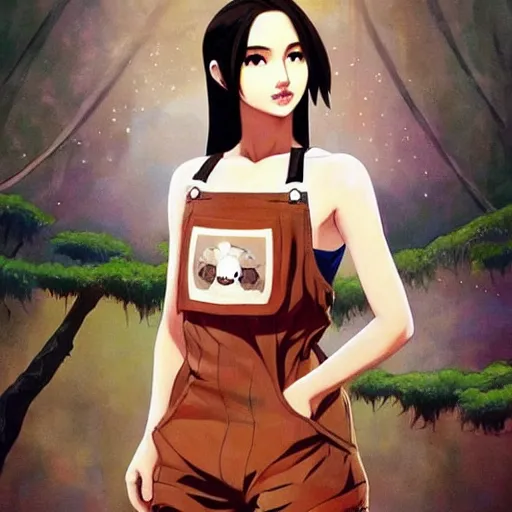 Image similar to a beautiful young japanese natalie portman alluring gravure model, anime art, wearing elegant designer overalls, elegant overalls with mesoamerican patterns, mesoamerican native street fashion, princess mononoke, painted by jamie hewlett and ashley wood, aesthetic, gorgeous, stunning, alluring, attractive, artstation, pinterest, digital art