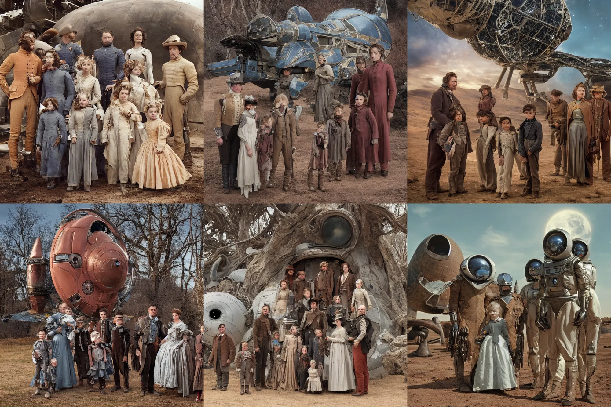 Prompt: highly detailed, 33554432k film still from a sci fi blockbuster color movie made in 2019, set in 1860, of a family standing in front of a spaceship that has just landed on an alien planet, a humanoid alien creature stands nearby, the family are all wearing 1860s era clothes, good lighting, good photography, ultra high definition