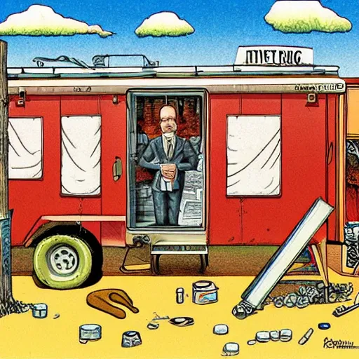 Image similar to The Artwork of R. Crumb and his Cheap Suit Breaking-Bad-Walter-White meth-lab prison, pencil and colored marker artwork, trailer-trash lifestyle