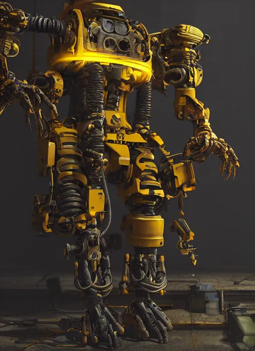 Image similar to a photorealistic dramatic hyperrealistic render of a futuristic exosuit power loader heavy machinery, ultra realistic details, glossy yellow, well worn, rust, oil stains by vitaly bulgarov and mike nash, beautiful dramatic dark moody tones and lighting, cinematic atmosphere, studio lighting, global illumination, shadows, dark background, octane render, 8 k