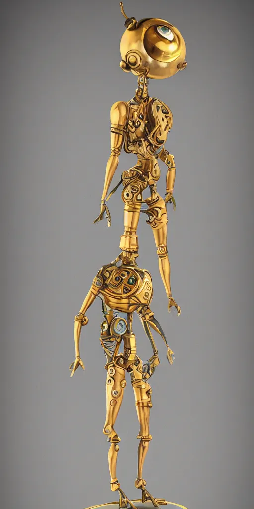 Prompt: humanoid brass automaton in art deco style with a round polished opal instead of a head, full body, workshop background, steampunk style, sean andrew murray style, concept art, artstation trending, high detail, warm light