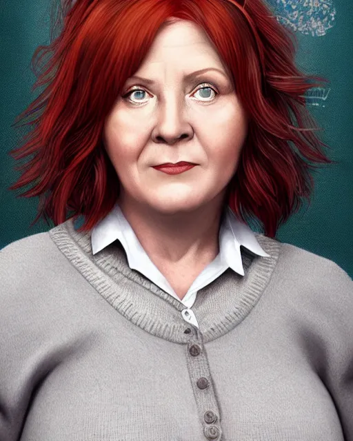 Image similar to portrait of short and plump 5 0 - year - old woman with red hair and, kind face, round face, short hair, molly weasley, wearing in cardigan, hyper realistic face, beautiful eyes, character art, art by mark brooks, hyperdetailed, cryengine, trending on artstation, digital art