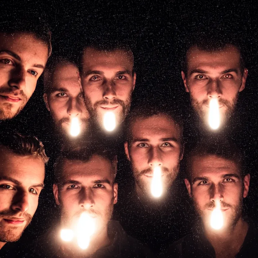 Prompt: 4 men's faces being illuminated from above, dark room, cross composition