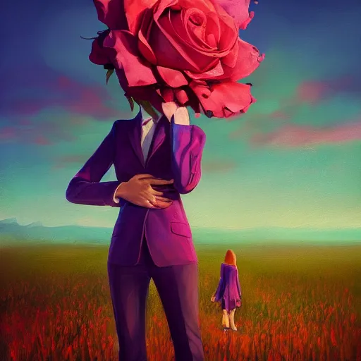 Image similar to closeup, giant rose flower head, frontal, girl in a suit, surreal photography, sunrise, blue sky, dramatic light, impressionist painting, digital painting, artstation, simon stalenhag