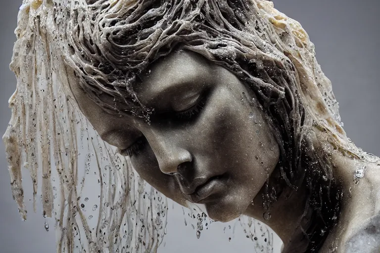 Image similar to a sculpture of a beautiful woman with flowing tears, fractal flowers on the skin, intricate, a marble sculpture by nicola samori, behance, neo - expressionism, marble sculpture, apocalypse art, made of mist, still frame from the prometheus movie by ridley scott with cinematogrophy of christopher doyle, arri alexa, anamorphic bokeh, 8 k