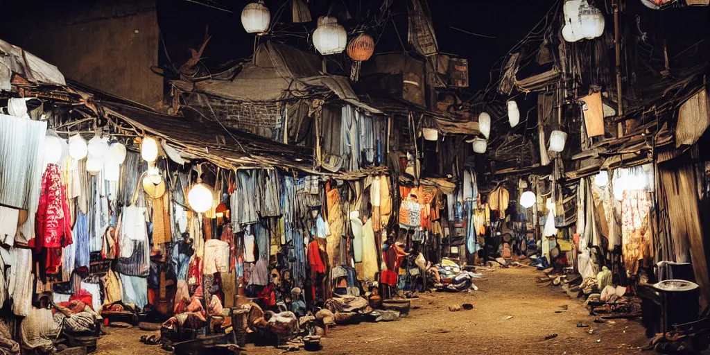 Prompt: african - japanese slum at night. savannah. there are glowing lanterns. street view