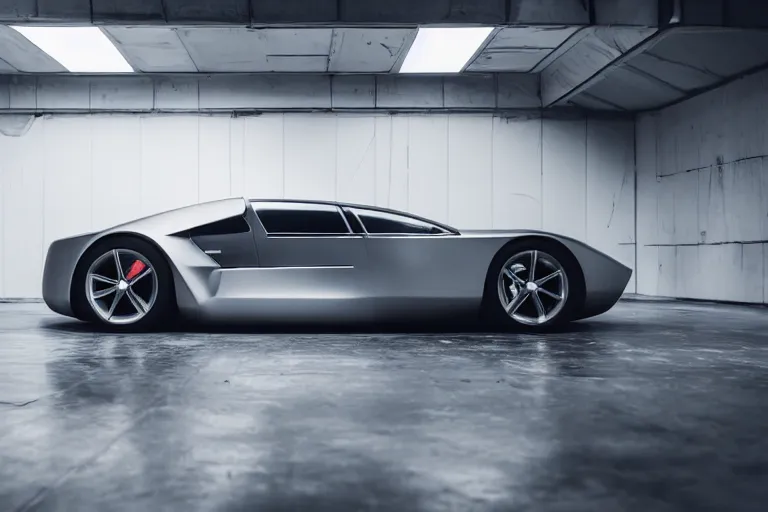 Image similar to A futuristic super-car made of a slick grey scaled metal, professional garage photograph.