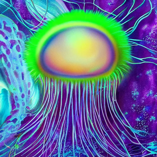 Prompt: furry jellyfish creature in magical realism luminescent airbrush underwater mystical world detailed painting 4 k