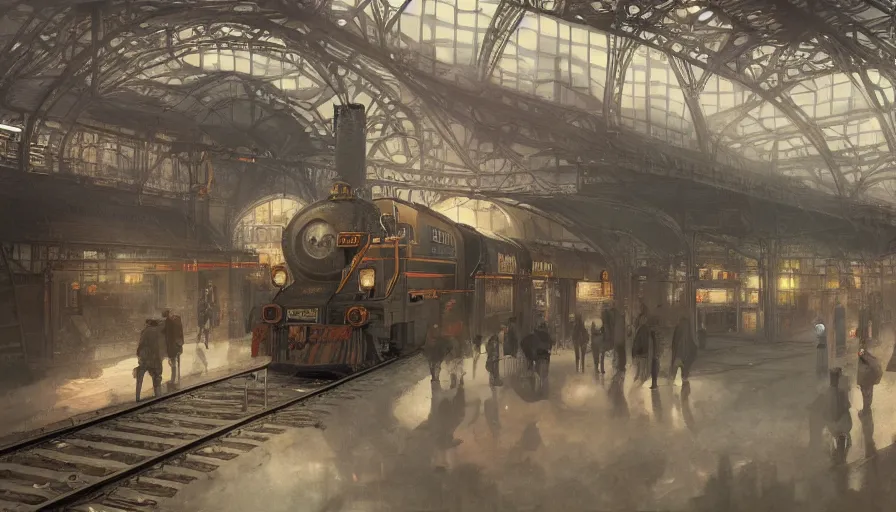 Image similar to Dieselpunk railway station, anamorphic lens, steam, epic composition, diesel trains, intricate, elegant, volumetric lighting, digital painting, highly detailed, artstation, sharp focus, illustration, concept art, ruan jia, steve mccurry