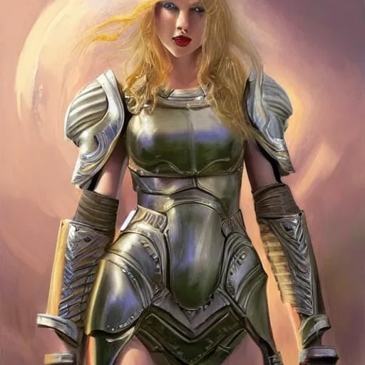 Prompt: a professional painting of Taylor Swift as a beautiful young female, clothed in battle armor, olive skin, long blonde hair, beautiful bone structure, symmetrical facial features, intricate, elegant, digital painting, concept art, smooth, sharp focus, illustration, from StarCraft by Ruan Jia and Mandy Jurgens and Artgerm and William-Adolphe Bouguerea