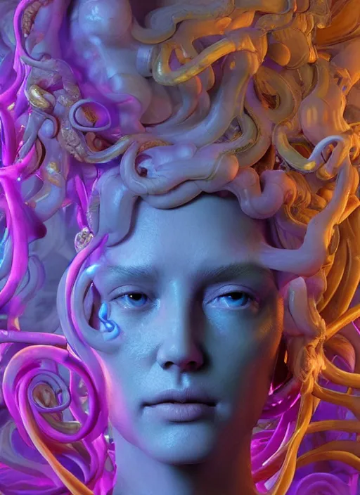 Image similar to subsurface scattering, medusa made of soft wax, cgsociety, translucent, wooden art nouveau swirls, organic fractals, colored smoke, gold cables, electricity, in the style of ruan jia and beeple and giger, mystical colors, back light, rim light, dramatic lighting, 8 k, stunning scene, raytracing, octane render