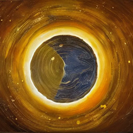 Prompt: olive oil and vinegar drizzled on a plate in the shape of the solar system, oil on canvas, intricate, 8k highly professionally detailed, HDR, CGsociety