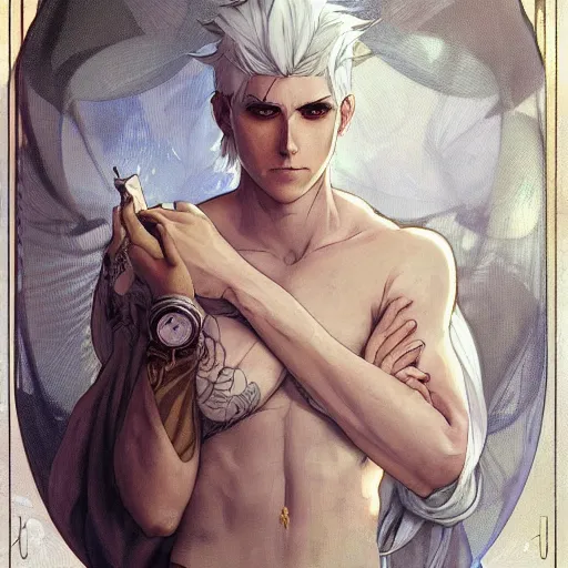 Image similar to generic emotionally distant white - haired anime boy with questionable morals and even more questionable taste in tattoos, highly detailed, sharp focus, artstation, digital painting, by artgerm and greg rutkowski and alphonse mucha