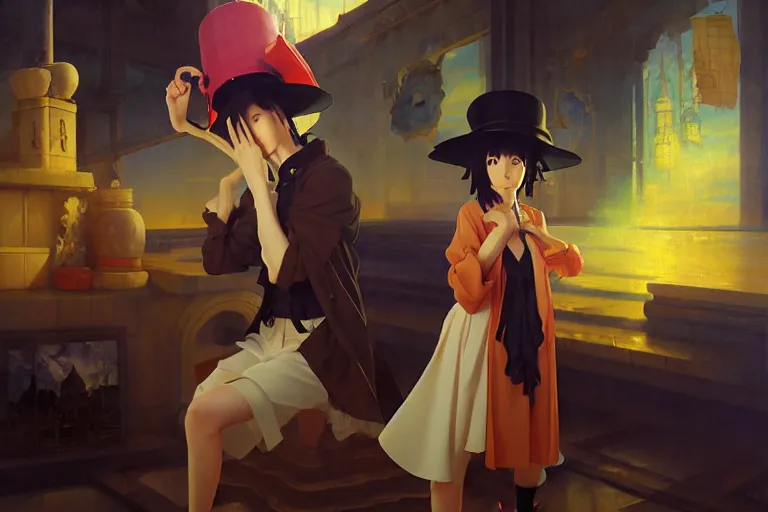 Image similar to baroque oil painting of anime key visual environment concept art of anime girl magician with big hat casting magic, brutalist, dark fantasy, rule of thirds, fake hidden detail, trending on pixiv fanbox, acrylic palette knife and brush, style of makoto shinkai studio ghibli genshin impact jamie wyeth james gilleard greg rutkowski