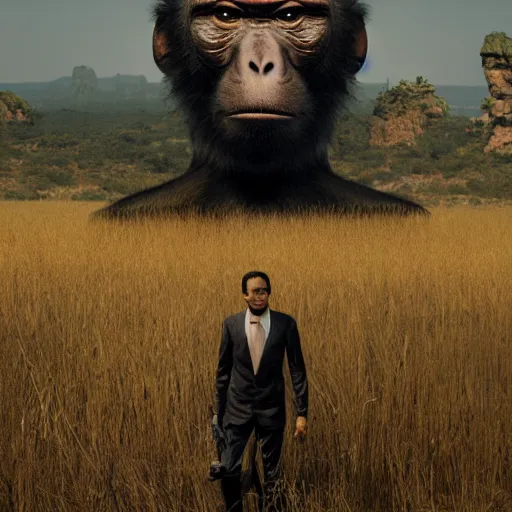 Image similar to Monkey in a suit landscape by Maciej Kuciara, 8k ultra high definition, upscaled, perfect composition , golden ratio, image credit nat geo