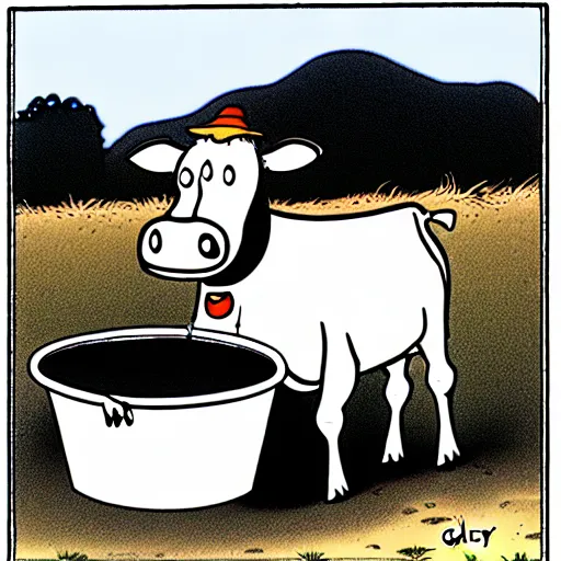 Image similar to a cow points at a bucket, illustrated by gary larson, far side comic, b & w