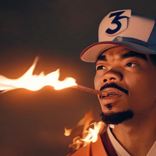 Image similar to cinematic film still of Chance The Rapper starring as a Samurai holding fire, Japanese CGI, VFX, 2022, 40mm lens, shallow depth of field, film photography