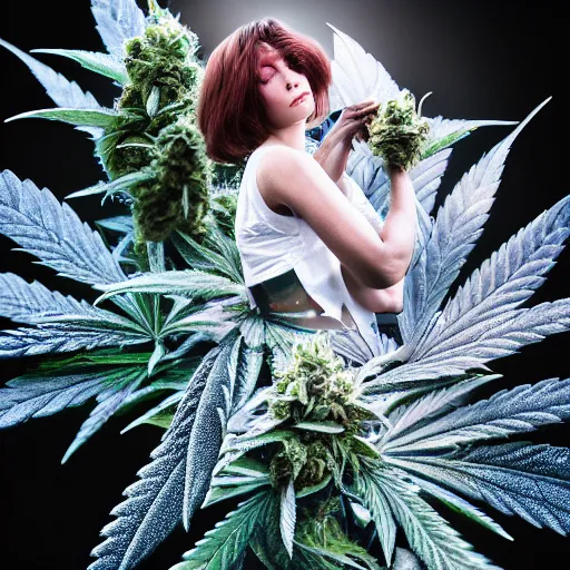 Prompt: marijuana bud as a woman, epic award winning professional photography, in the style of dystopian surrealism, dramatic cinematic volumetric lighting, by high times, 8 k