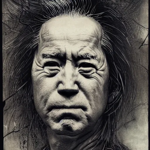 Image similar to Yoshitaka Amano realistic illustration of joe biden ,hair fluttering in the wind, cracks on his face wearing Elden ring armour with engraving, abstract black and white patterns on the background, noisy film grain effect, highly detailed, Renaissance oil painting, weird portrait angle, blurred lost edges, three quarter view