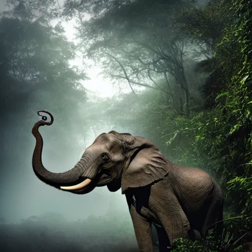 Image similar to an elephant octopus chimera, in a jungle with ominous light from above, ambient light, fog, river