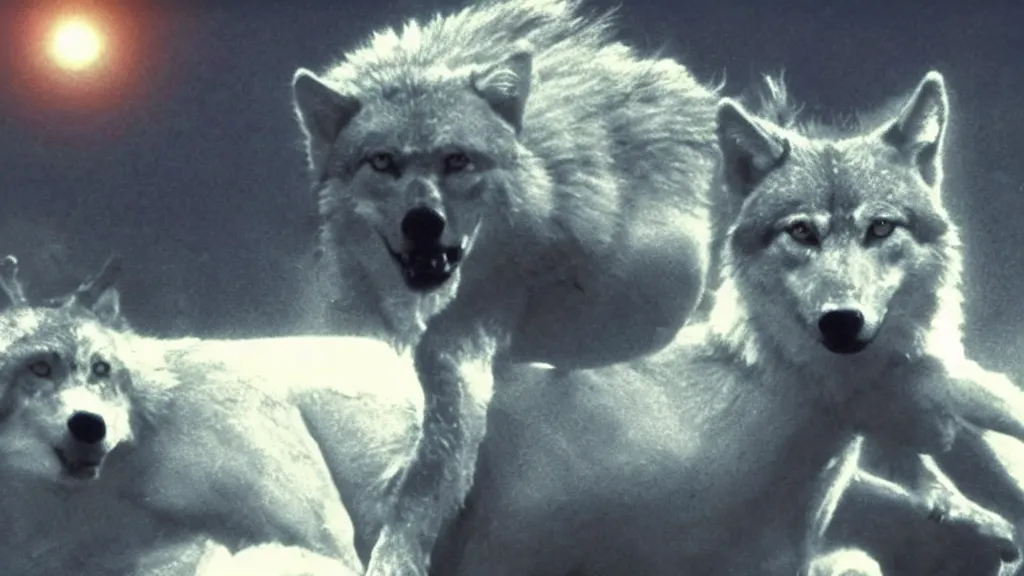 Image similar to Beautiful epic cinematography of David Bowie riding a giant wolf at night