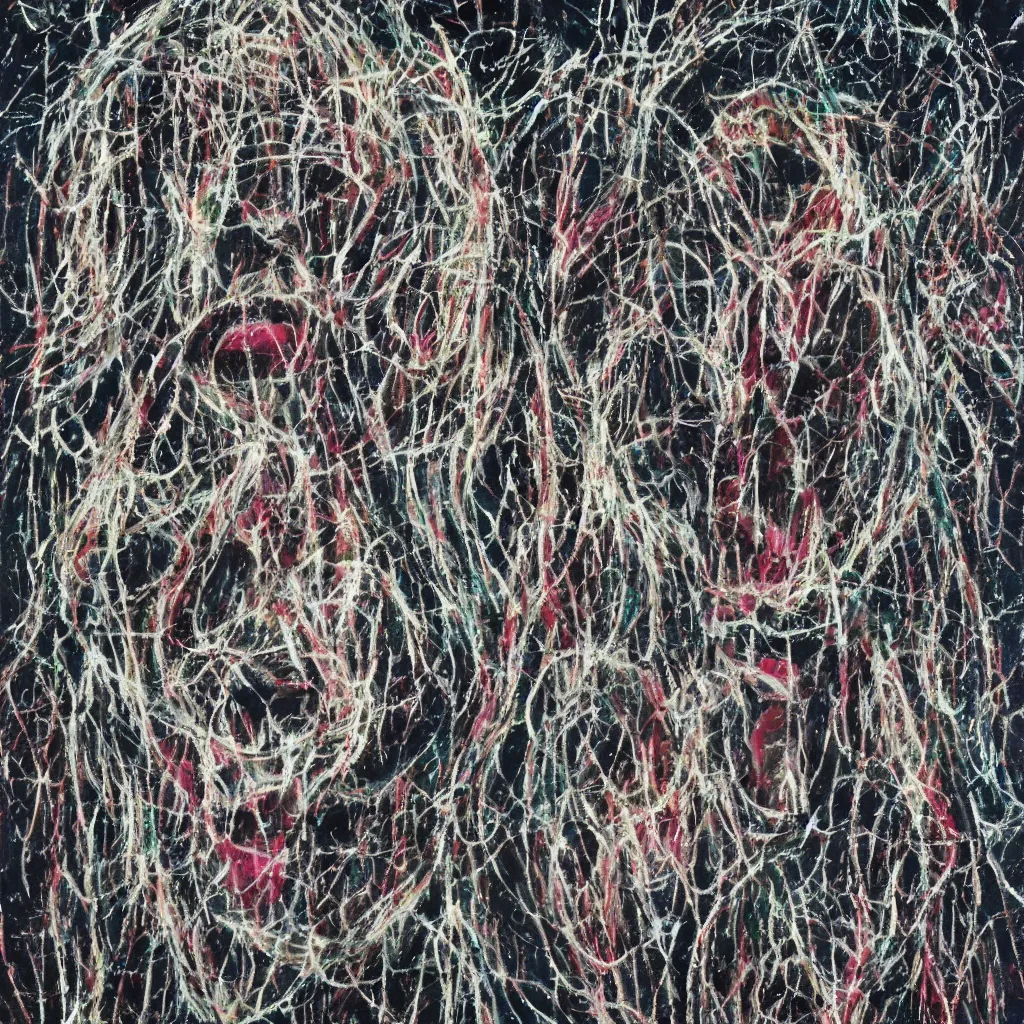 Prompt: camo made of teeth, smiling, abstract, francis bacon artwork, cryptic, dots, spots, stipple, lines, splotch, color tearing, pitch bending, faceless people, dark, ominous, eerie, hearts, minimal, points, technical, old painting, neon colors