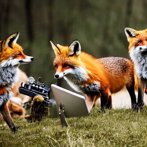 Image similar to a group of fox animals dressed in modern american military soldier uniforms, foxes laughing at a computer, 8 5 mm f / 1. 4