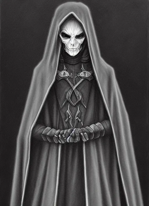Prompt: pencil ultradetailed painting of the necromancer, wearing a black cloak, crisp
