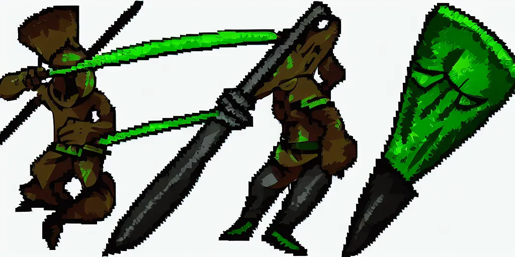 Prompt: game assest, concept art of a bronze short sword with green tint, high quality pixel art, rpg, very coherent and colourful high contrast masterpiece.