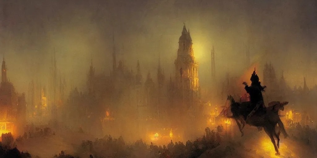 Prompt: sorcerer mage casting a spell in the middle of the city, there is light comming out of his hand, beautiful artwork detailed painting by ivan aivazovsky
