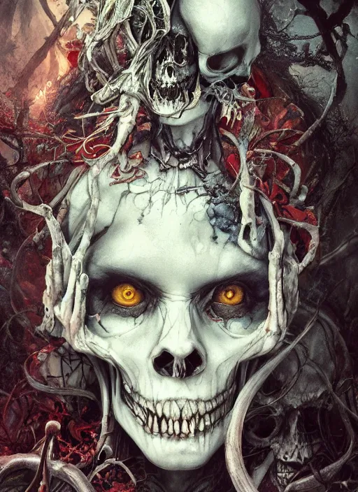 Image similar to alice in wonderland death tarot card, highly detailed, half skull face, cinematic, 8 k, by stanley artgermm, tom bagshaw, greg rutkowski, carne griffiths, ayami kojima, beksinski, giger, trending on deviantart, hyper detailed, horror, full of colour