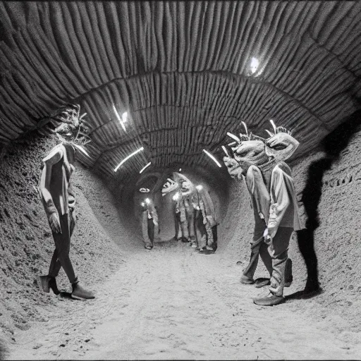 Prompt: cinematic photo of humans wearing realistic ant costumes in an underground unfinished dirt tunnel. several tunnel exits lead off in different directions. directed by david lynch. 3 5 mm film soft light, shadows, vhs copy film grain.