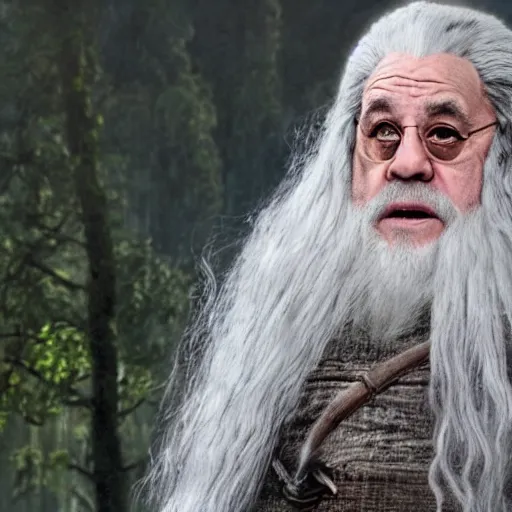 Image similar to danny devito starring as gandalf the white in the 2 0 2 4 lord of the rings movie, full body, hyper realistic, high quality, wide angle