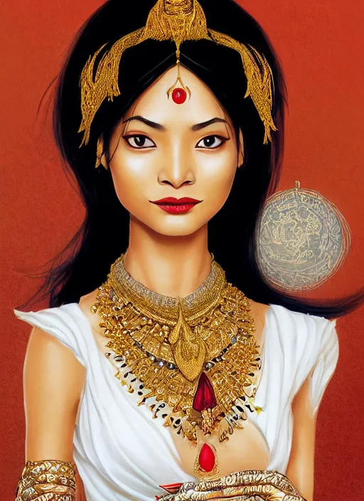 Image similar to portrait of a nepalese female sorceress, looking at camera, D&D, white dress with gold adornments, medium black hair with a red tint, intricate, elegant, stylish, cute smile, fantasy, extremely detailed, digital painting, artstation, concept art, smooth, sharp focus, illustration, ambient lighting, incredible artwork by gerald brom + bruce pennington + keith parkinson + tom white